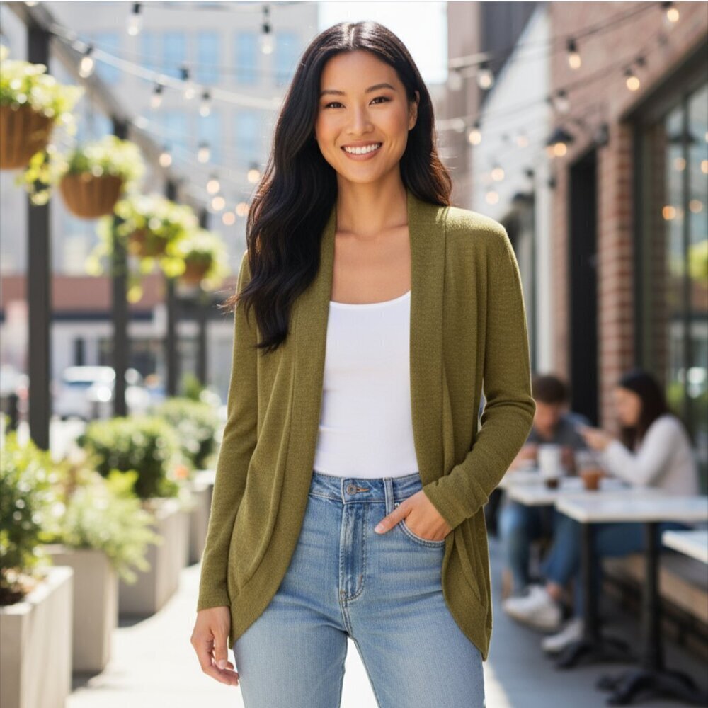 Eileen Fisher Olive Green Melange 100% Baby Alpaca Cardigan Sweater Size Medium